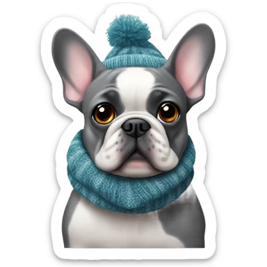 gray French bulldog in christmas knitted scarf sticker