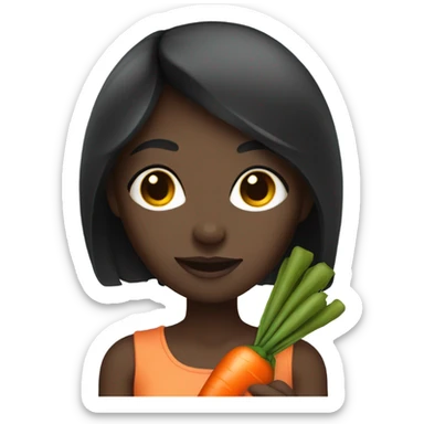 Dark skin girl with straight black hair holding a carrot sticker