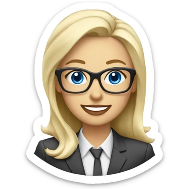 Corporate blonde boss lady with glasses happy blue eyes sitting at a desk drinking coffee  sticker