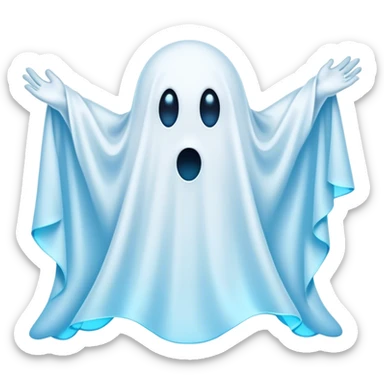 A hilariously exaggerated floating sheet ghost, its simple yet expressive form billowing with animated energy in vibrant whites and pale blues, with two wide, comically shocked eyes and a quirky, startled mouth, simplified yet overflowing with personality, highly detailed with a soft neon-like glowing outline, capturing the playful absurdity of a ghost caught off guard! sticker
