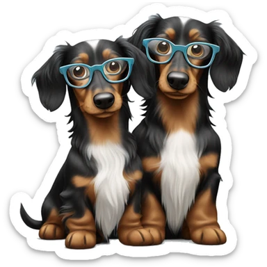 Two Tri Merle long haired Dachshunds together wearing glasses sticker