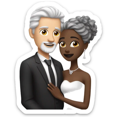 A pale white man with grey hair and with a goatee has just married, with a black woman with black neck length curly hair and a brown complexion. They have a lot of money. they are hugged sticker