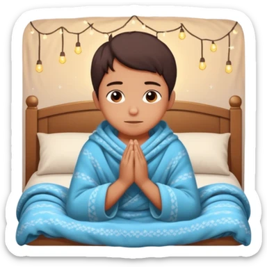 Gen Z person praying at night in bedroom, fairy lights, cozy blanket sticker