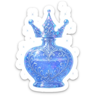 modernus prabangus eliksyro buteliukas, aiškiai karūnos forma (ne gertuvė), spalva #7986cb, išraiškingi holografiniai ir sidabriniai filigranai, kristalo švytėjimas, žėrintys magiški efektai, šviesos lūžiai, labai mažas kaklelis, ornamentuota, gražiai užapvalinta, vientisa ir uždara apačia, skaidrus fonas, be šešėlio, aiškiai plūduriuoja ore, nestovi, kolekcijos stilius, maksimaliai gražus, elegantiškas karūnos siluetas sticker