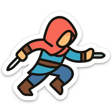 assassin's creed character in a dynamic pose, hooded, with hidden blade, minimalist, rounded, soft lines, simple shapes, Airbnb icon style sticker