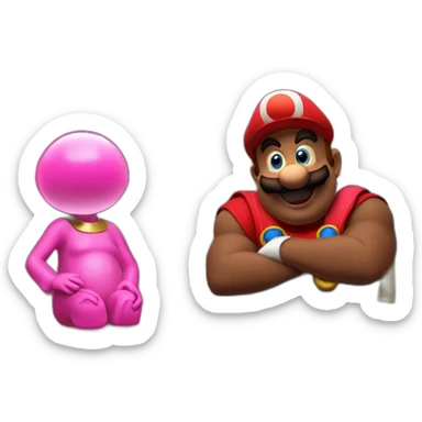 mario and a pink teletubby sitting at a brown table sticker