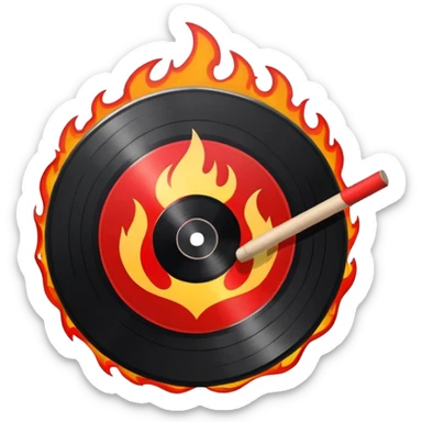 a black vinyl record white stick  with red outlin and flames  sticker