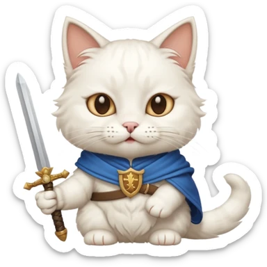 un gato blanco con una espada en cada mano y una en la boca sticker