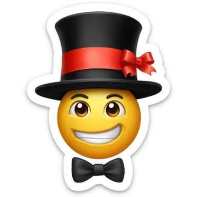 A black top hat displaying a red ribbon around the base. The ribbon forms a visible bow at the front, with the ends falling slightly over  sticker