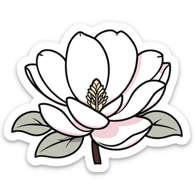 minimalist magnolia flower with soft white and light pink petals on a plain white background, no extra details sticker