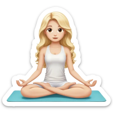 blonde long curled hair beautiful girl in white clothes sitting on a white yoga mat sticker