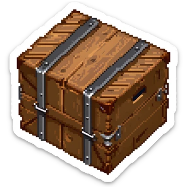 Wooden crate with metal reinforcements, color #c2410c with darker wood grain, visible wood grain texture, metal bands across the crate, slight 3D effect with shading, breakable appearance, small warning symbol, 32x32 pixels sticker