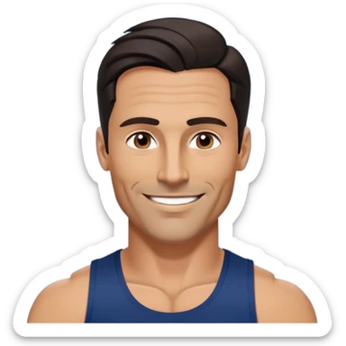 Fit 40-year-old man with tanned skin, long face, chiseled jawline. Attractive features with dark eyes, well-defined arched eyebrows, straight nose. Confident smile. Medium-length wavy dark hair styled in contemporary fashion. Wearing a dark blue tank top. sticker