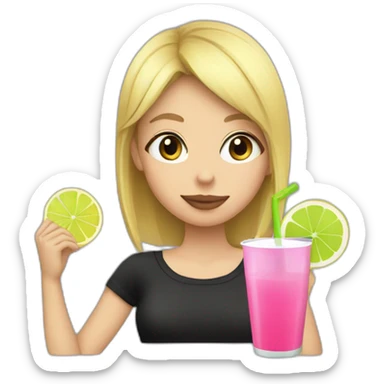 blonde girl straw drinking pink lemonade with one green lemon in the cup, with black watch black tshirt sticker