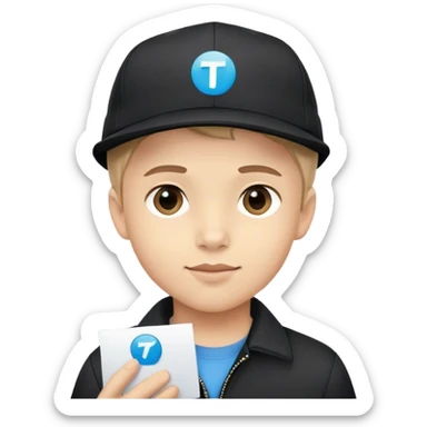 boy in black cap with telegram logo sticker