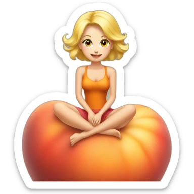 beautiful blonde sitting on a giant peach sticker