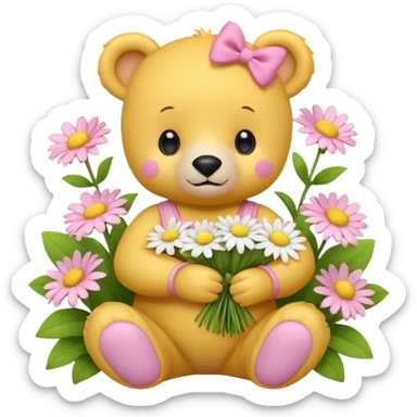 cute yellow bear cub with a pink bow on its head, wearing a pink onesie, sitting and holding a bouquet of daisies, surrounded by flowers, soft and rounded shapes, pink background, 3D iOS Apple emoji style sticker