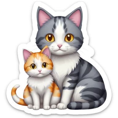 full body dark grey and white cat cuddling a colourful light patched calico + white tabby cat  sticker