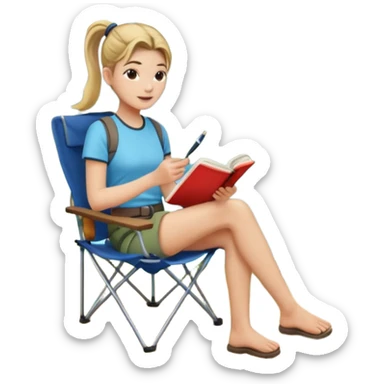 A pony tail hair woman journaling on a camping chair, enjoying the quiet nature scene. sticker