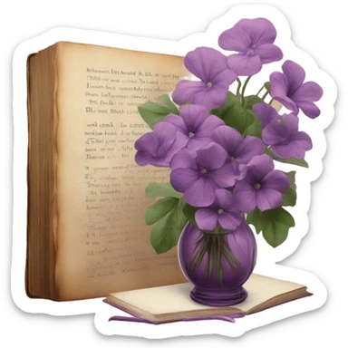 An aesthetic arrangement of a violet vintage book and pink flowers in a glass vase, surrounded by antique letters sticker