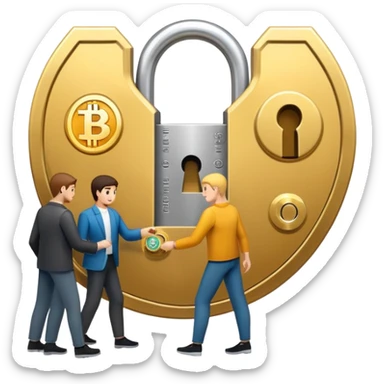 Two people exchanging cryptocurrency with a secure lock in the middle representing escrow sticker