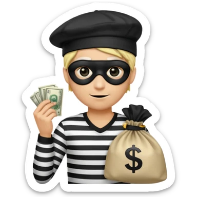 Realistic ios emoji-style portrait of a classic burglar, a black eye mask and a black-and-white striped shirt. emoji-like hair, black hat, a bag of money 💰 with a dollar sign in a right corner, evil expression  sticker