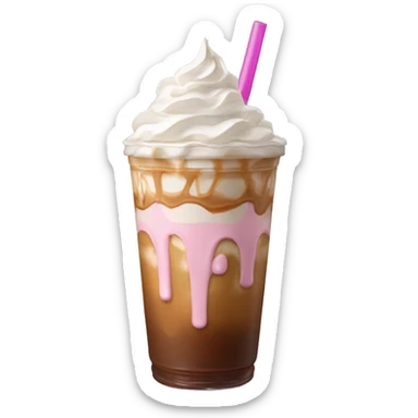Caramel iced coffee with whipped cream and caramel drizzle with light pink straw sticker