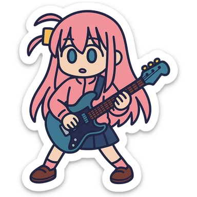Bocchi the Rock in a pink costume with a guitar sticker
