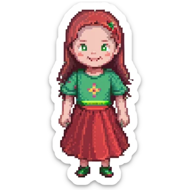 pixelated child in a red dress, happy face sticker