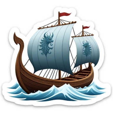 clash-of-clans-aesthetic_-cinematic-viking-longboat, rendered in a flat, bold vector style with minimal shading, featuring a striking dragon-headed prow slicing through icy, churning waters. The longboat’s intricately detailed shields and carved motifs evoke a sense of epic adventure and Nordic might, with billowing sails catching a dramatic, stormy sky backdrop. sticker