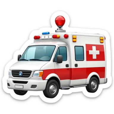 A modern white-and-red ambulance van with flashing rooftop siren.
 sticker