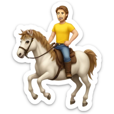 brown-haired male in yellow shirt riding unicorn  sticker