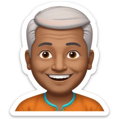 50 yr old indian man, dark skin, grey hair, big smile, white teeth, chubby, no moustache, clean shaven, young style hair, bindy, hair brushed up sticker