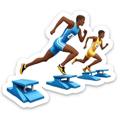 An icon featuring a running track with starting blocks and a pair of sprinting shoes in motion. The background showcases a grand stadium with cheering fans, bright sunlight, and a clear blue sky. Transparent background highlights the speed, energy, and competition of track running. sticker