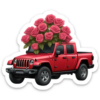 Realistic Red Jeep Gladiator with the truck bed full of different shades of red and pink roses. sticker