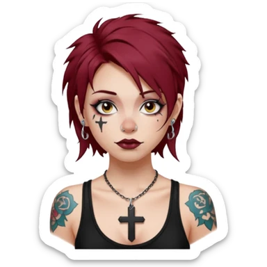 generate an ios genmoji of a girl with dark red messy hair with eyeliner on, septum piercing, wearing a cami black top, has tattoos, ear piercings, wearing a cross silver necklace sticker