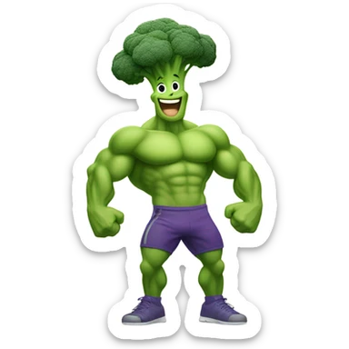 Generate a cartoonish broccoli emoji flexing its muscular arms with a confident smile. sticker