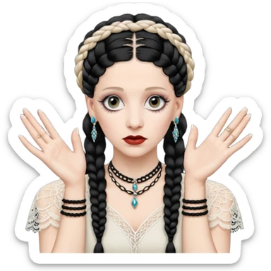 Lene Lovich as seen on the Stateless album cover with a typical symmetrical pose with her hands, lots of lace and braided hair sticker