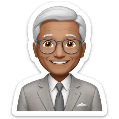 70 yr old indian man, short straight white hair brushed back, light grey business suit, big smile, dark brown skin, no moustache, dark brown eyes, glasses
 sticker