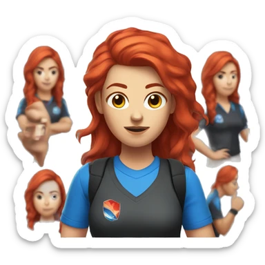 a female esports coach with red hair and blue shirt.  sticker