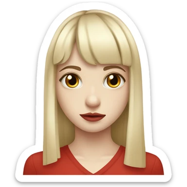 Pale skin blonde girl with bangs and hazel eyes and a tattoo on her wrist of a red vertical line  sticker