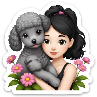 A beautiful girl with black ponytail happily hugs a gray poodle in the flowers sticker