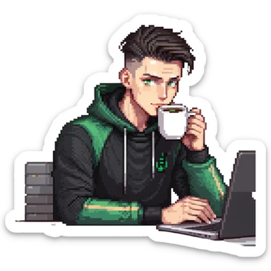 male with dark hair, high fade haircut, high slick back hairstyle, green eyes, wearing a black tracksuit, coding on black laptop, drinking coffee sticker