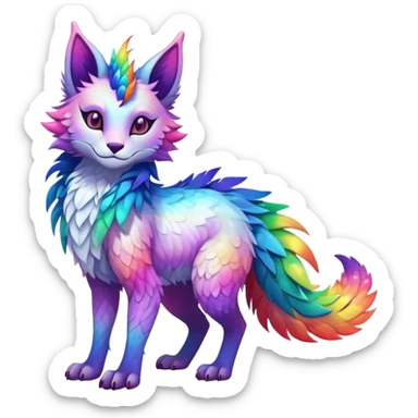 Kawaii neon colorful with feathers-ears rainbow iridescent fantasy ethereal feline-vernid-sergal-fursona animal creature with a tufted tail full body with intricate markings sticker