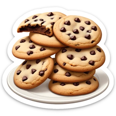 Cinematic Realistic Cookies Dessert Emoji, showcasing a plate of freshly baked cookies with gooey chocolate chips rendered with lifelike textures and warm, homey lighting. sticker