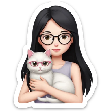 Skinny woman with oval glasses, long straight black hair, pink cheek blush, wearing white sleeveless top, hugging a grey Persian-Angora cat, plain background sticker