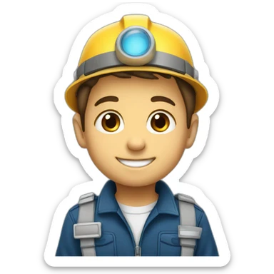 A little kid with engineer uniform. Logo “FE” as logo on his hat, smiling sticker