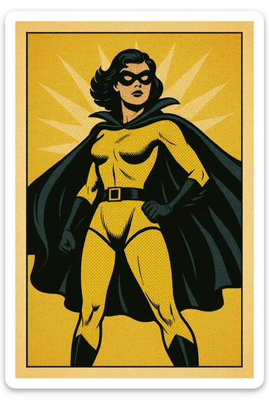 superheroine costume, yellow and black, retro style, dramatic cape, domino mask, heroic stance sticker
