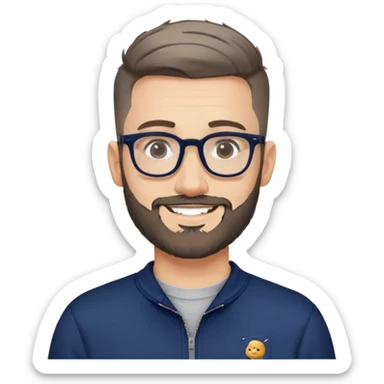 Fair-skinned man with fade haircut (extremely short on sides, slightly longer on top), short salt and pepper beard, large black-framed glasses, smiling, wearing navy blue long sleeve zip sweatshirt sticker