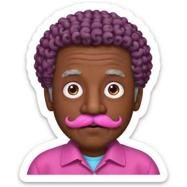 old guy with very curly short dark hair and big  pink mustache sticker